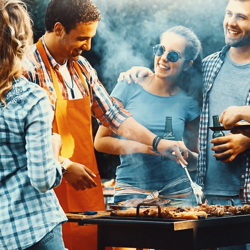 Abode at Geneva stock image of friends grilling